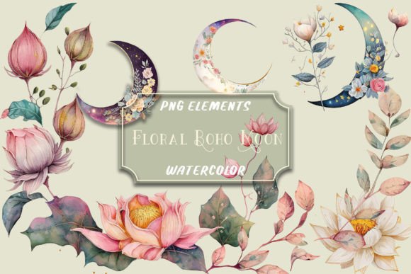 Download Watercolor Floral Boho Moon Clip Art Png - Moon clip art Collection