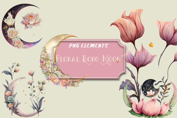 Download Watercolor Floral Boho Moon Clip Art Png - Moon clip art Collection